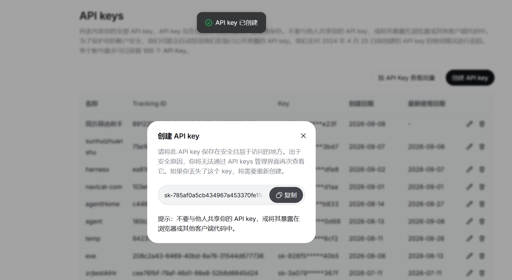 复制 API Key 的界面